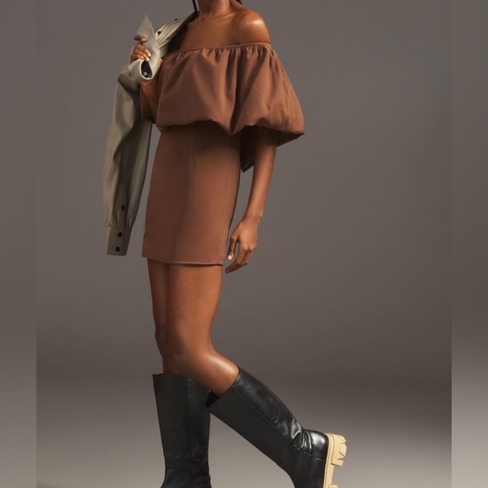 NIKITA MHAISALKAR ANTHROPOLOGIE NWT Off-The-Shoulder Bubble Dress Brown Chic
